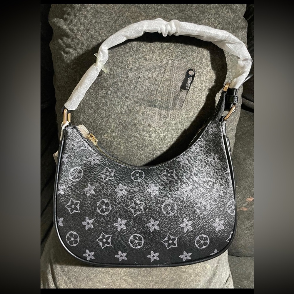 Designer-Style Black Monogram Hobo Shoulder Bag